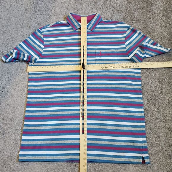 Johnnie O Shirt Mens Medium Blue Purple Polo Golf Beach Striped Surf Hangin Out - Picture 8 of 11